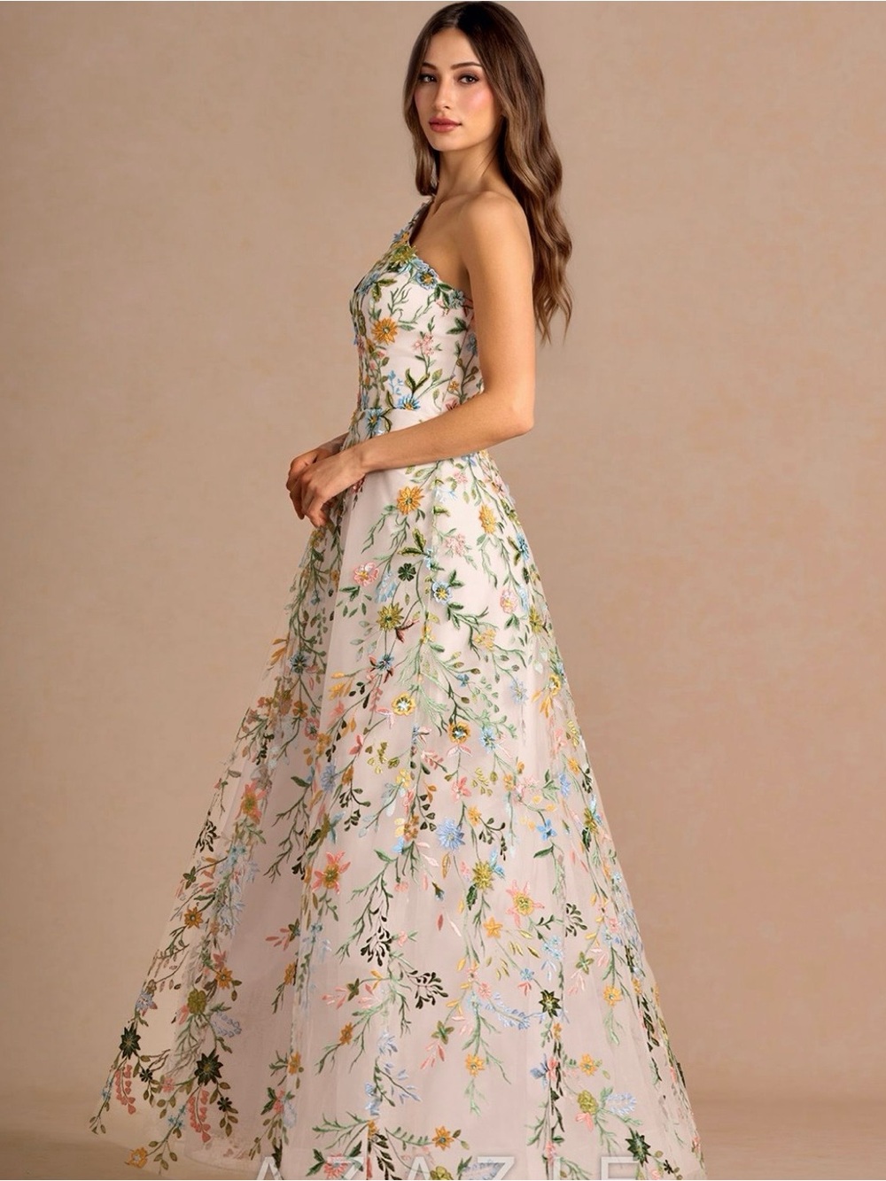 Azazie Meribel Blush Pink Floral Embroidered One-Shoulder Maxi Dress - 2